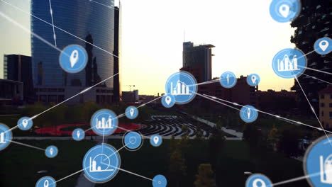 network of connections and data points animation over urban cityscape