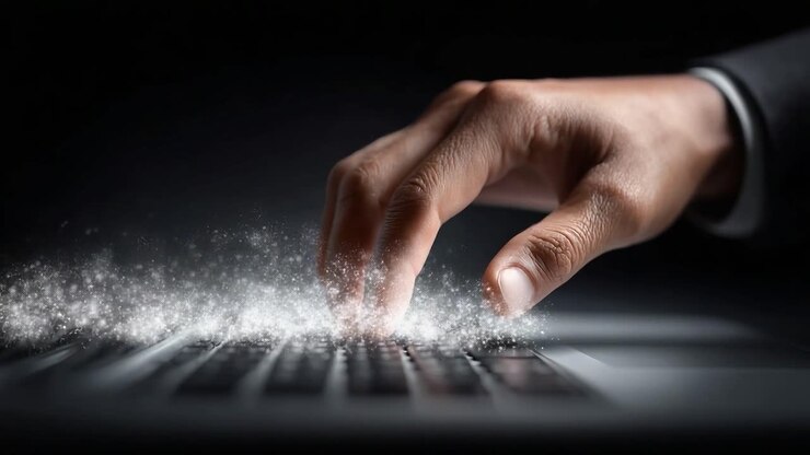 A Captivating Glimpse of a Hand Creating Magic on a Laptop Keyboard, Transforming Typing into a Dazzling Display of Sparkles and Light in an Enchanting Digital Realm