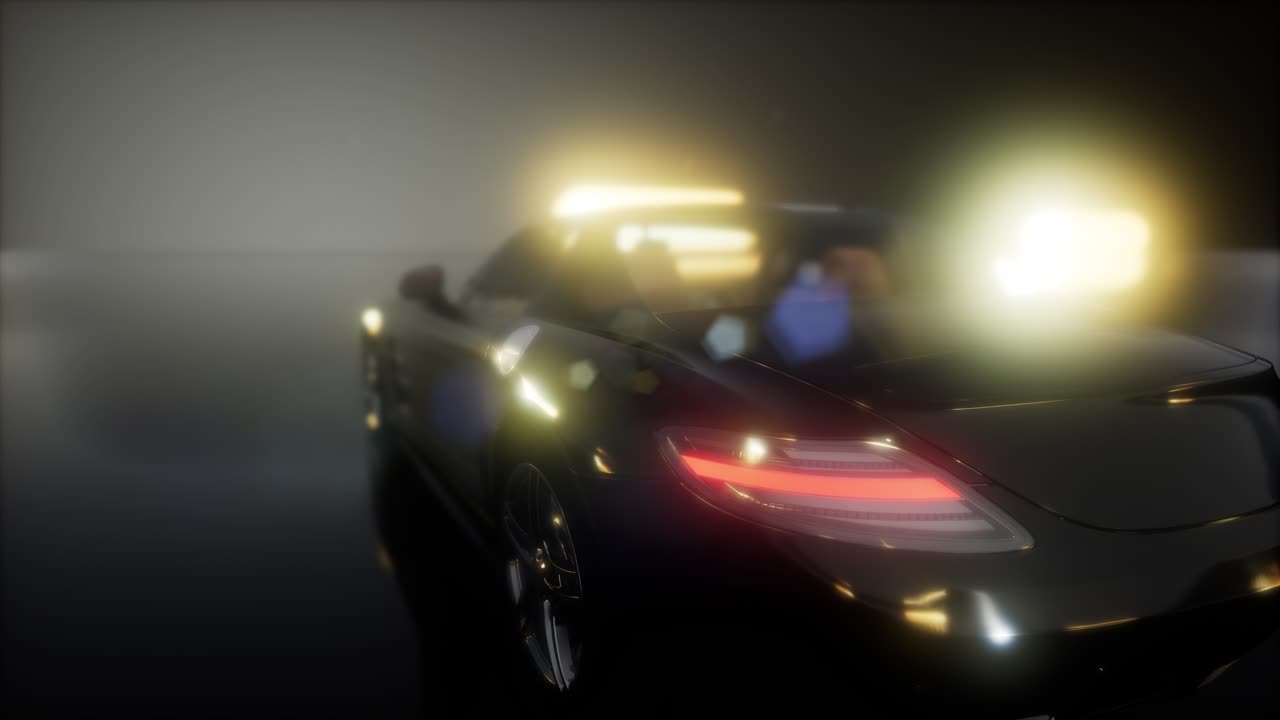 밝은 조명을 가진 어두운 스튜디오에서 럭셔리 스포츠 자동차