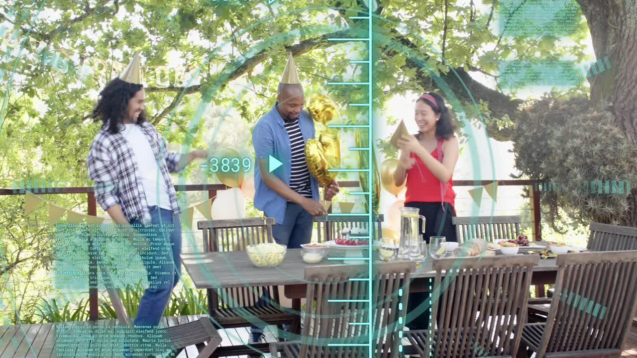 Group arranging gold 30 balloons, placing hats on center man, celebrating under teal HUD for events