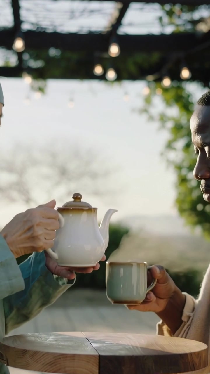 Vertical video: Lifting teapot, woman in teal wrap pouring tea into his mug under pergola sharing