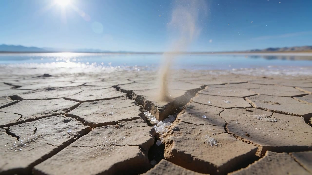 Light breeze lifting dust column, V-shaped fissure sending salt crystals into air at dry lakebed