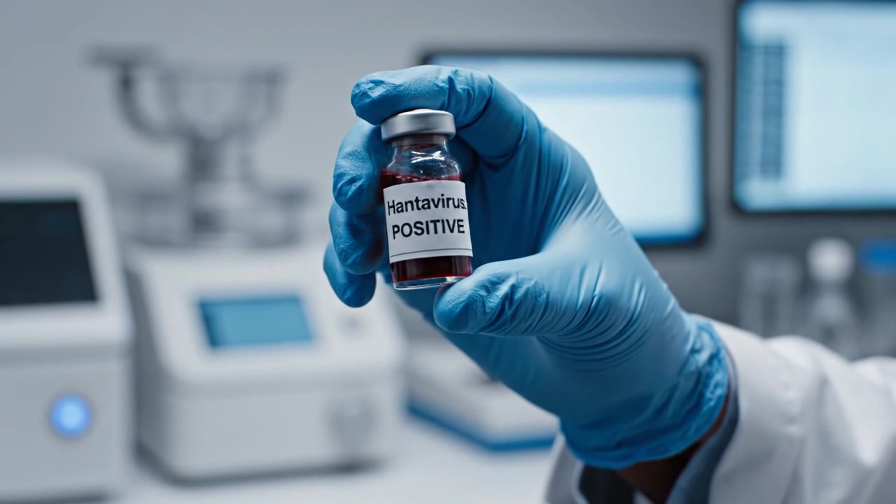 Gloved hand holding positive Hantavirus blood test sample in lab