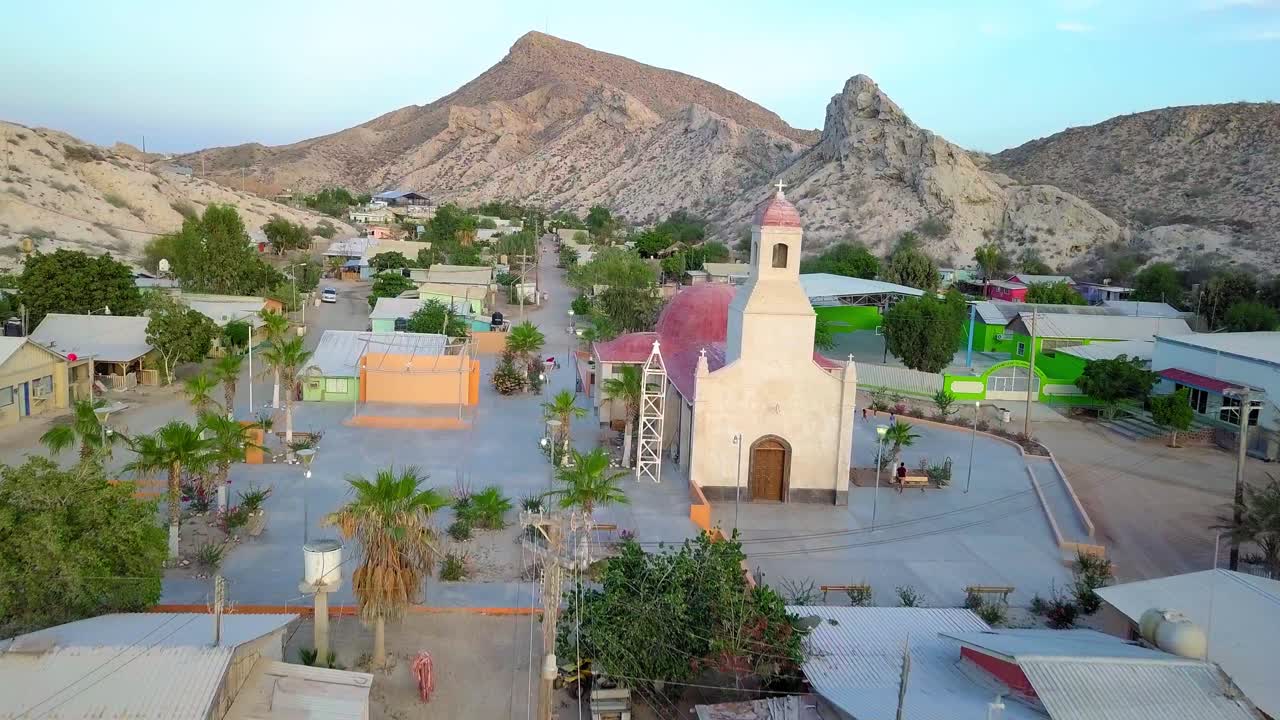 Aerial shot of small mexican mining town on the island of San Marcos in Baja California.