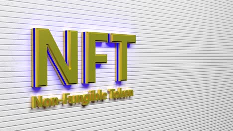 golden nft crypto art currency concept. non fungible token with light flashing on dark gold abstract background. 3d render seamless loop.