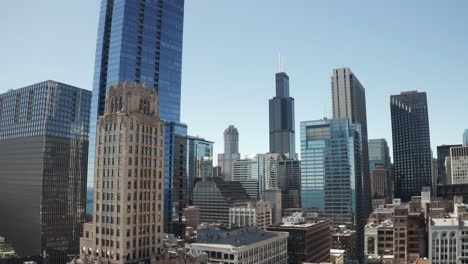 chicago, illinois skyline close up with drone video panning left to right