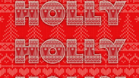 animation of holly text in repetition at christmas on red background