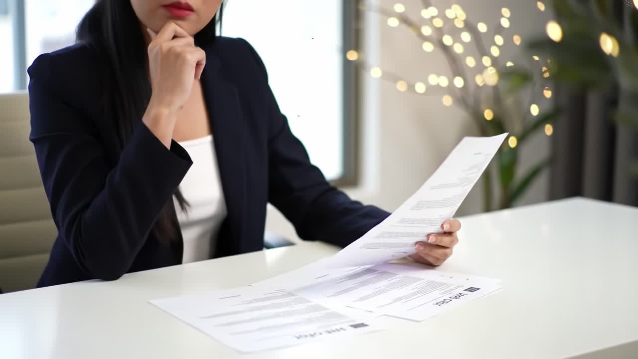 A professional woman sits at a desk in a well-lit office, thoughtfully examining important documents while deep in concentration. The atmosphere is calm and focused.