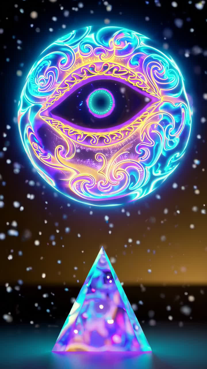 Vibrant Neon Eye Sphere and Pyramid in a Cosmic Setting