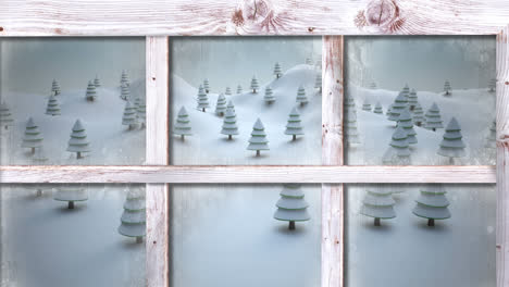 Wooden-window-frame-against-multiple-trees-on-winter-landscape