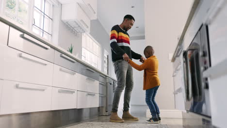 Father,-kitchen-and-black-family-kid-dance