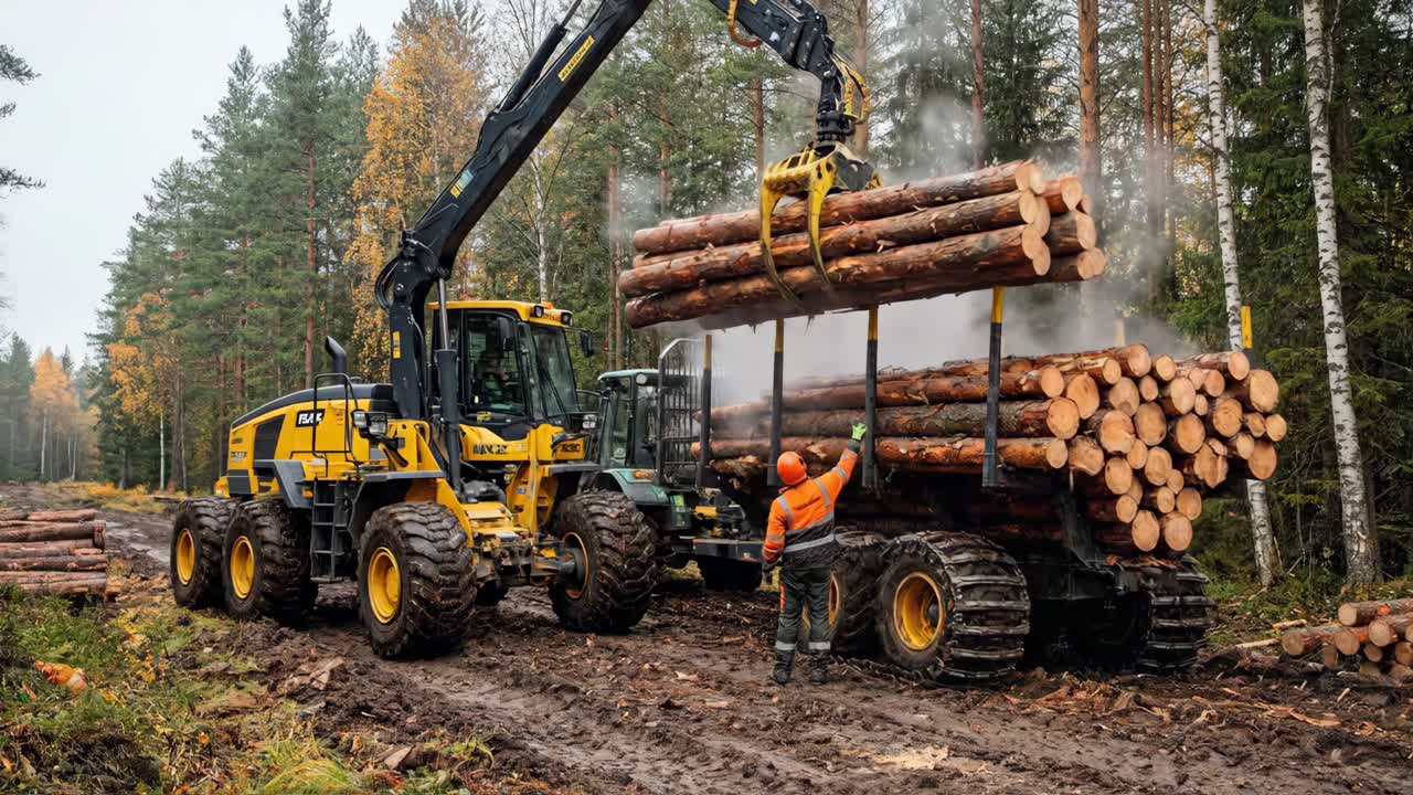 Forestry Worker Directs Heavy Machine Loading Logs onto Trailer