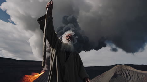 old man facing volcanic eruption