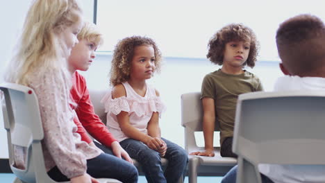 Multi-ethnic-group-of-school-kids-sitting-on-chairs-in-a-classroom-at-infant-school,-close-up