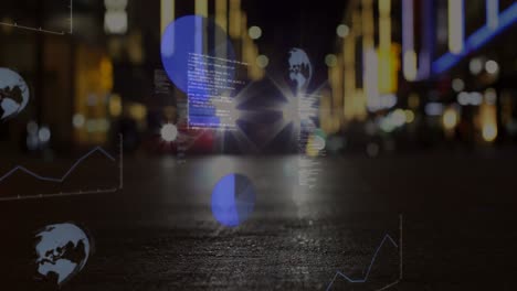 animación del procesamiento de datos estadísticos frente a la vista de la calle de la ciudad por la noche