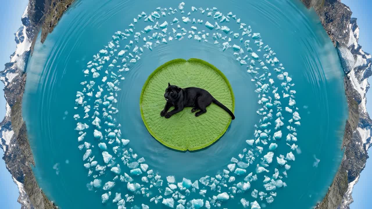 Black Panther Resting on Giant Lily Pad in Surreal Mountain Lake