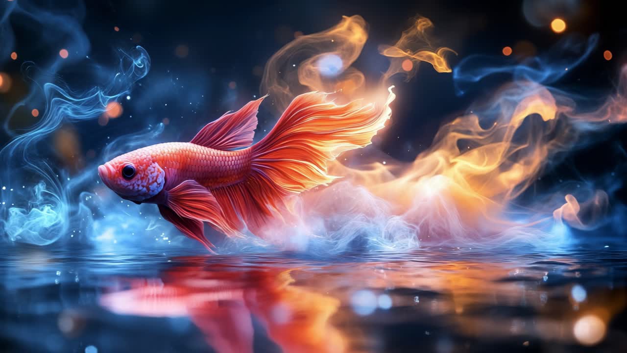 Fish gliding in rainbow smoke. A vibrant goldfish glides gracefully beneath swirling colorful smoke in a tranquil aquatic setting.