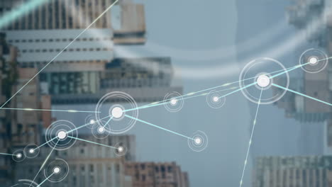 graphic designer using urban network overlay technology, showing glowing nodes and light blue lines