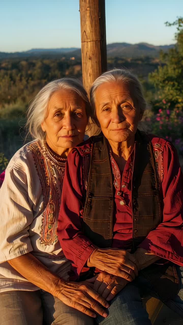 Vertical video: Basking in warm light, two senior women holding hands on porch for comfort, rings