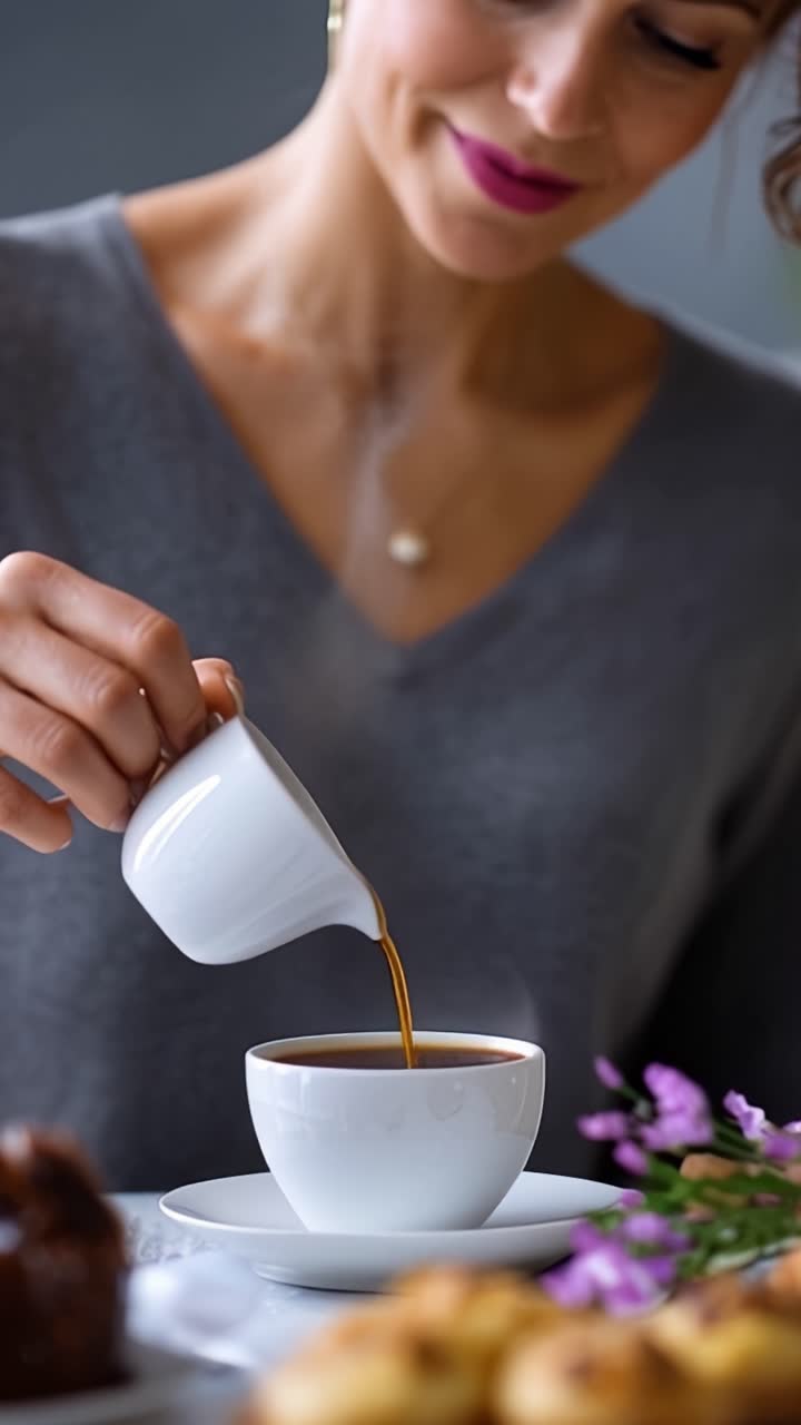 Una donna che versa il caffè in una tazza bianca, circondata da pasticcini e fiori freschi in un ambiente accogliente, che cattura un momento di relax e piacere.