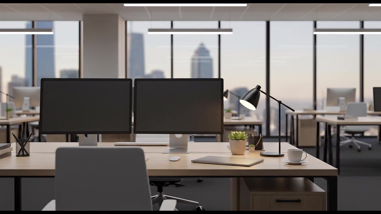 Modern Empty Office Space with Desks and City Skyline View