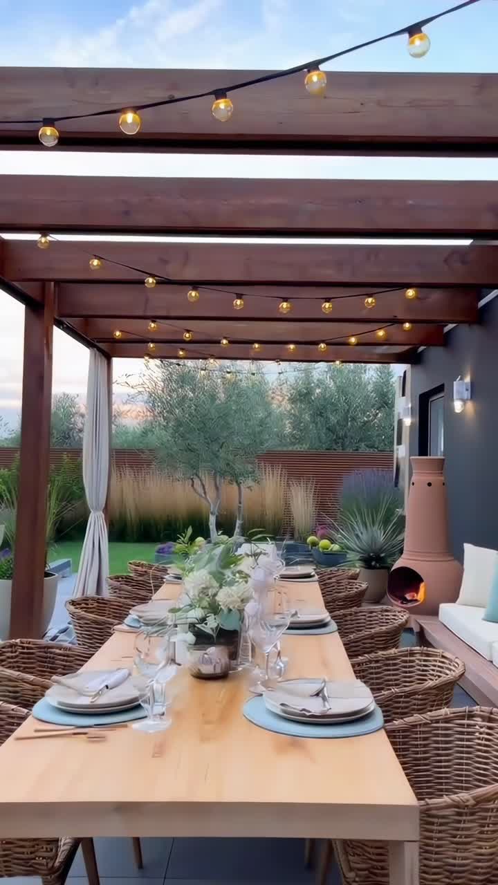 Elegante allestimento per pranzo all'aperto sotto una pergola con luci a catena, catturato in un video grandangolare