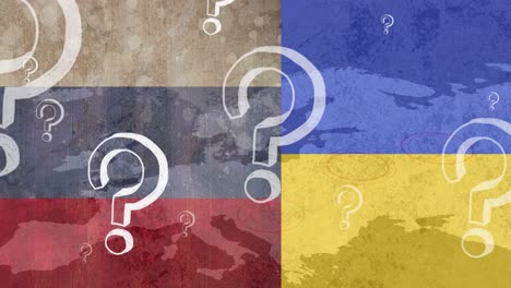 animazione di punti interrogativi che galleggiano sopra la bandiera della russia e dell'ucraina