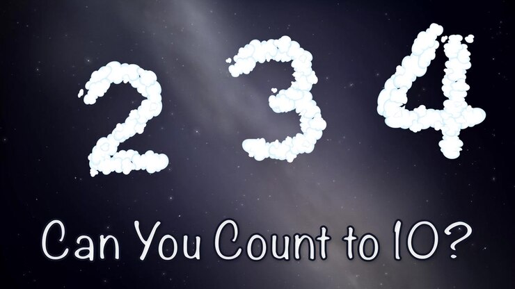 White fluffy cloud numbers drift horizontally over a deep space background with twinkling stars.