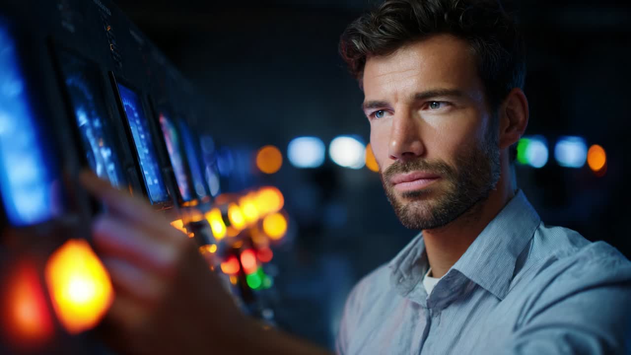 Focused Male Operator Engaging with Control Panel in Low-Light Environment, Highlighting Intense Concentration on Monitors with Illuminated Buttons and Soft Background Lighting for Maximum Impact