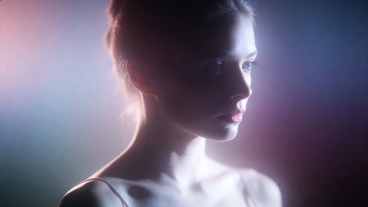 Reacting to shifting rim lights, model micro-adjusting head and gaze in studio, thin-strap top