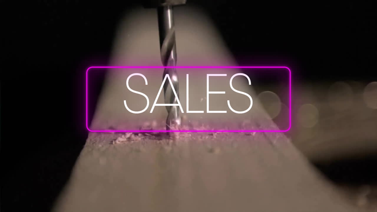animación de texto de ventas sobre perforación de madera
