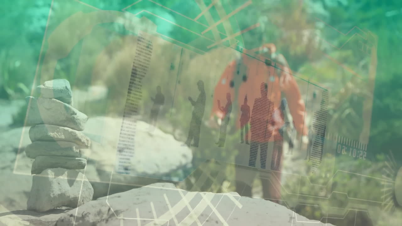 Hiking in natural landscape, hiker viewing animation of digital data overlay