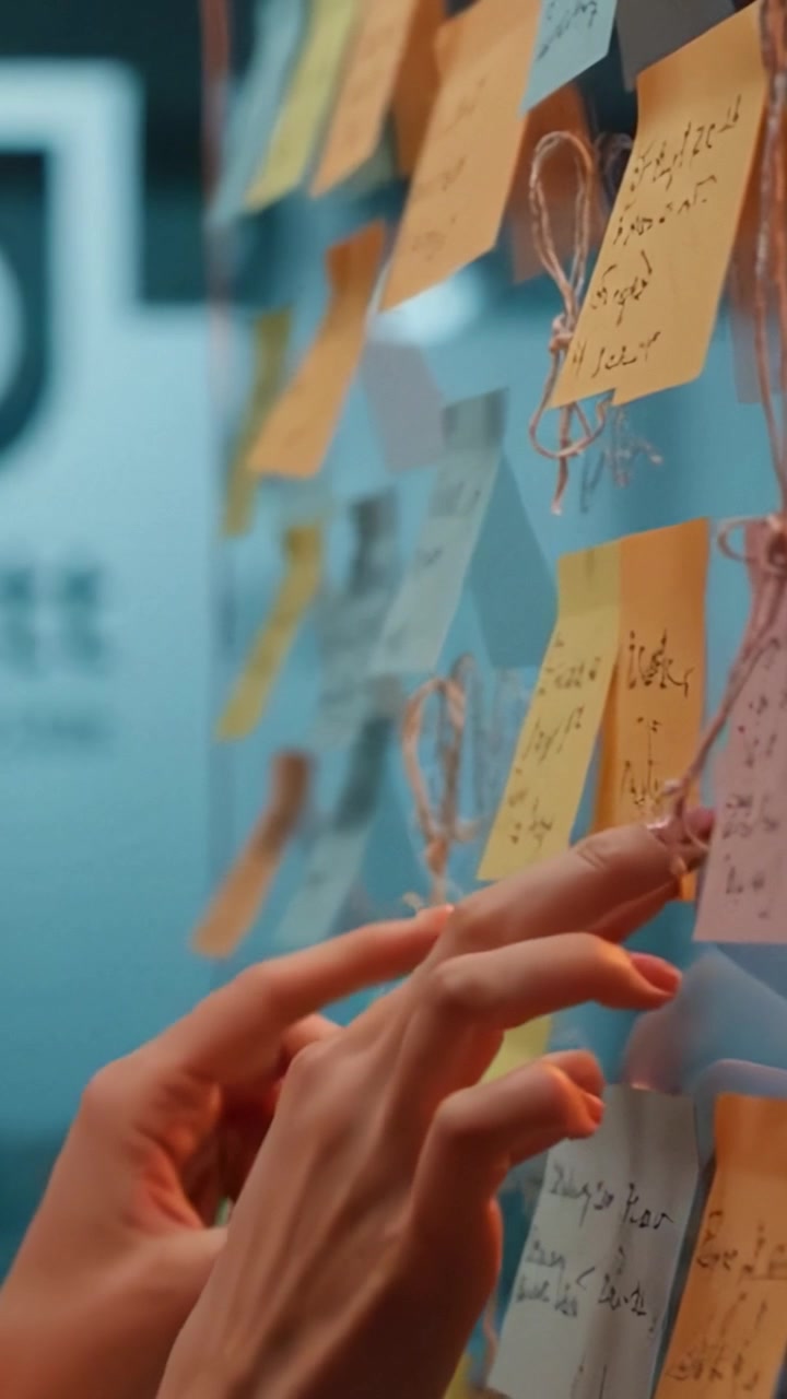 Colorful Sticky Notes on a Wall Organized with Strings, Capturing Ideas and Insights in a Creative Workspace Environment