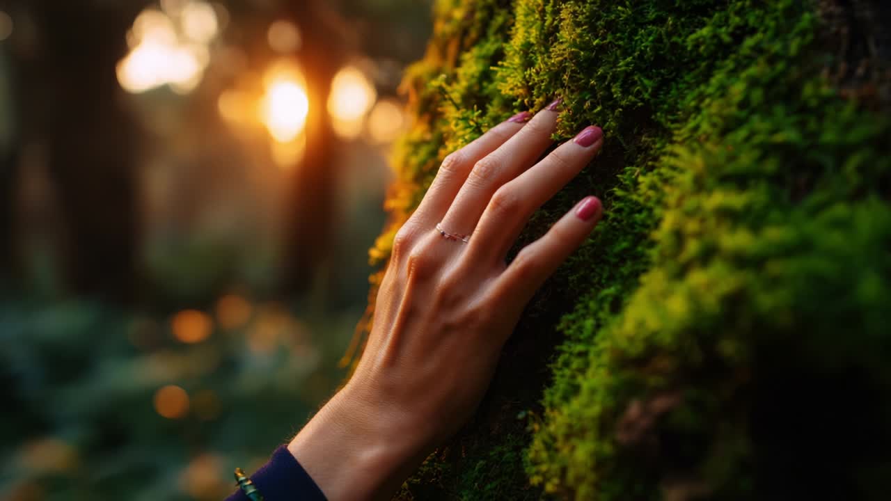A close-up of a hand gently caressing the vibrant moss-covered bark of a tree, capturing the serene beauty of nature during golden hour, with warm sunlight filtering through the lush greenery