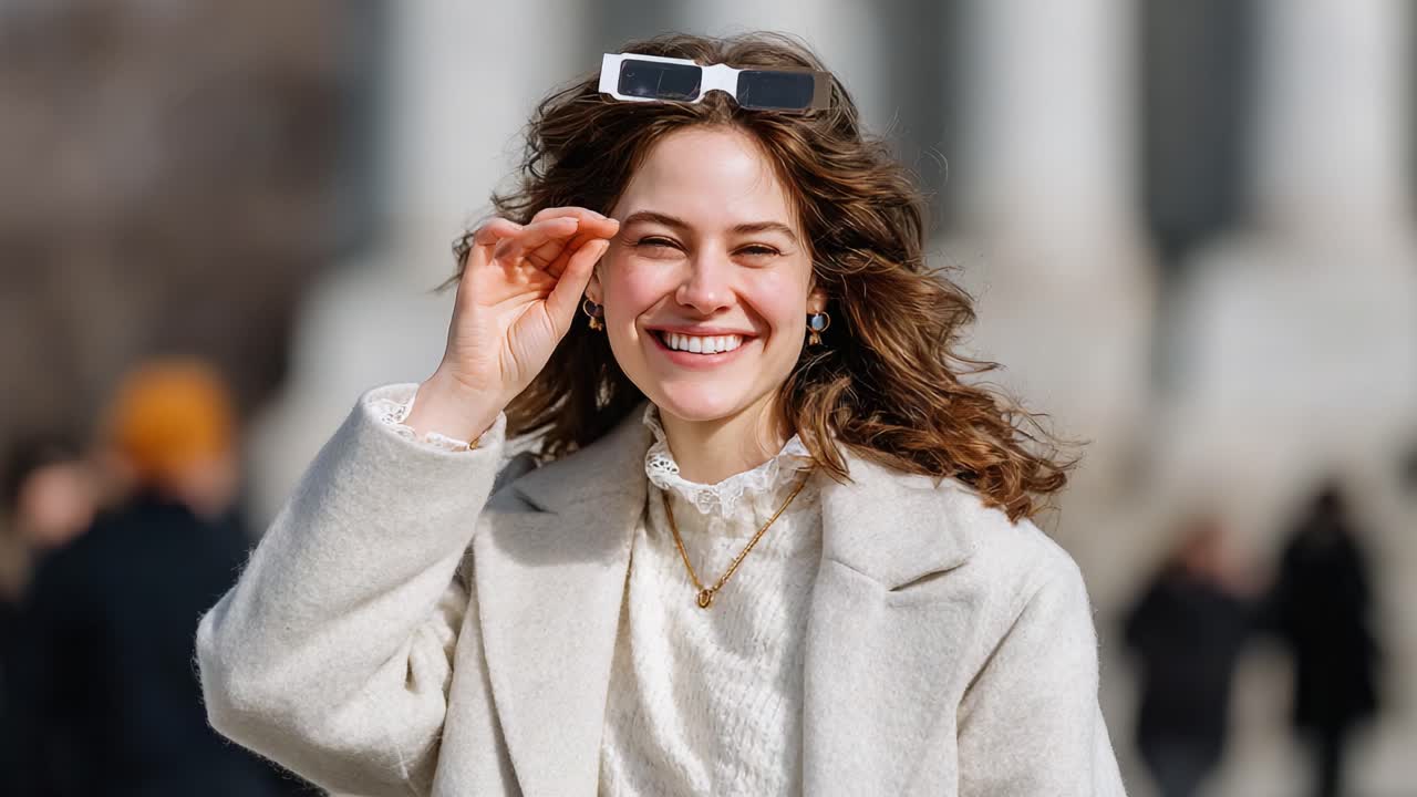 Joyful Moment: A Young Woman Smiling with Sunglasses, Light Sweater, and Elegant Coat, Radiating Happiness in a Vibrant Urban Setting During a Bright Day