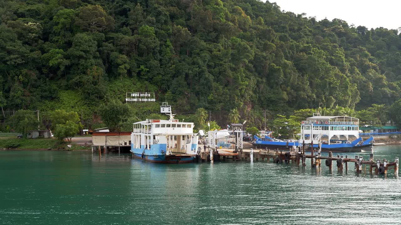 First person view of a ferry arriving at Koh Chang island, Thailand Slowmo