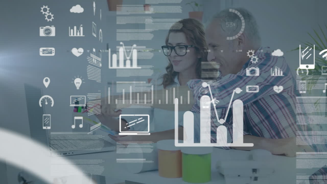 animación de múltiples iconos y tablero de negociación sobre compañeros de trabajo caucásicos discutiendo informes en la computadora portátil