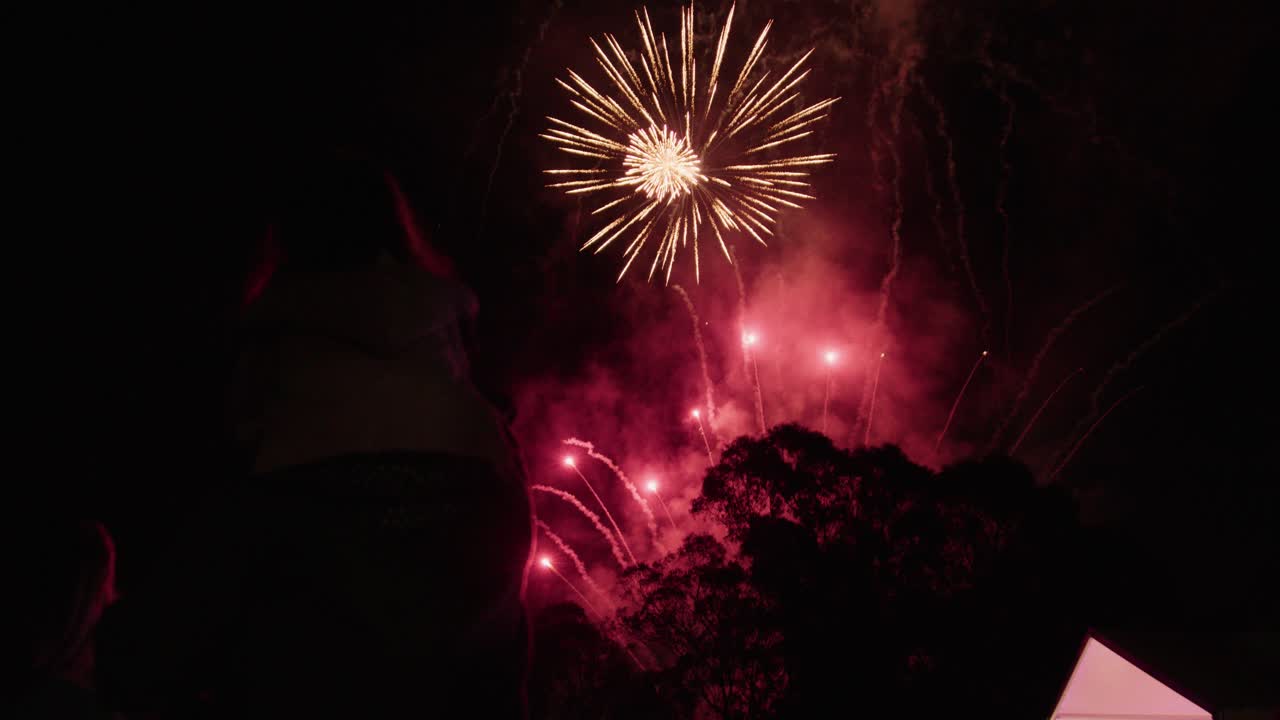 Child on father's shoulders enjoys amazing fireworks display at night event