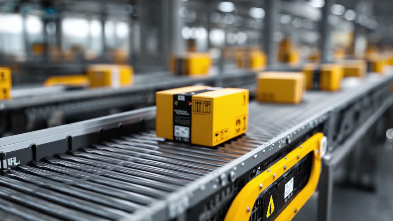 Una veduta d'insieme di un sistema di imballaggio automatizzato con scatole gialle su un nastro trasportatore, che evidenzia l'efficiente movimentazione delle merci in una moderna struttura logistica.