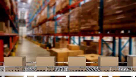 Animation-of-cardboard-boxes-moving-on-conveyor-belt-over-warehouse