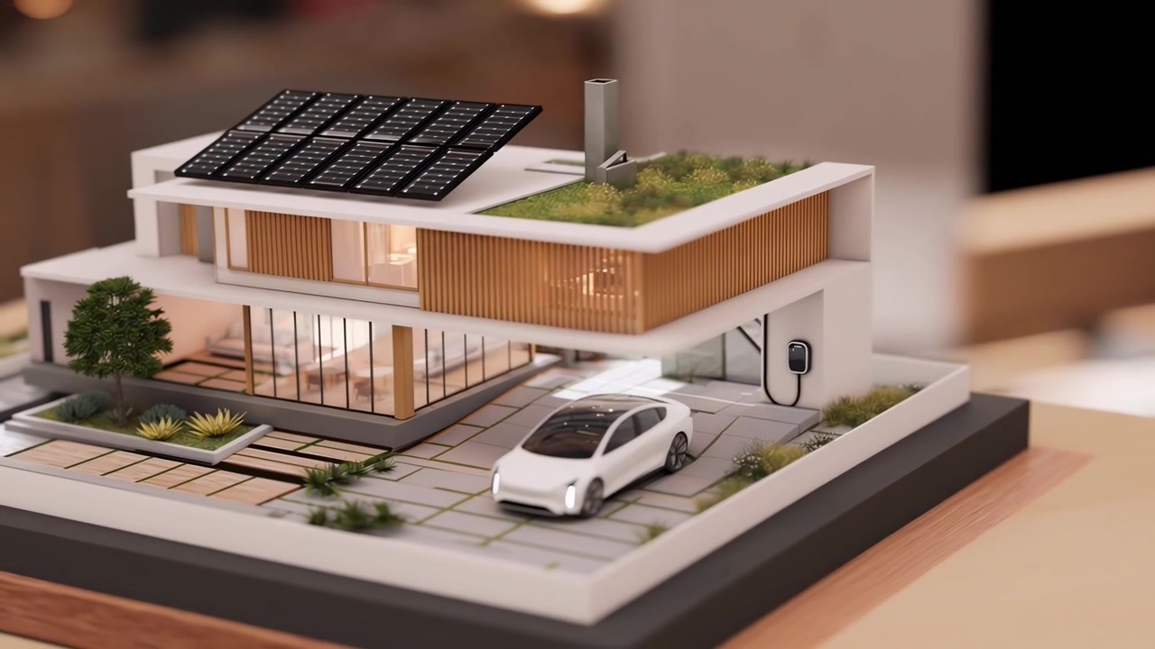 Modello architettonico di una casa moderna sostenibile con veicolo elettrico