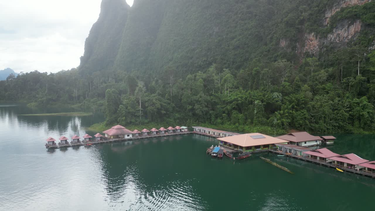 Stunning aerial drone footage of floating villas in Khao Sok National Park Thailand
