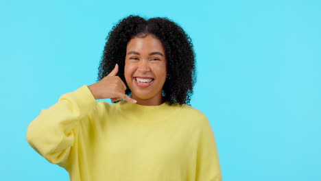 Portrait,-woman-and-hand-sign-for-phone-call