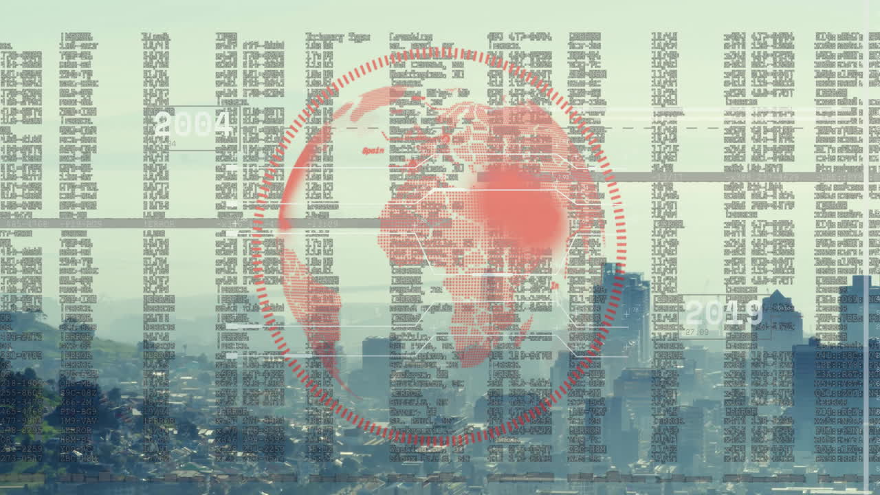 도시 풍경 위의 지구와 금융 데이터 처리의 애니메이션