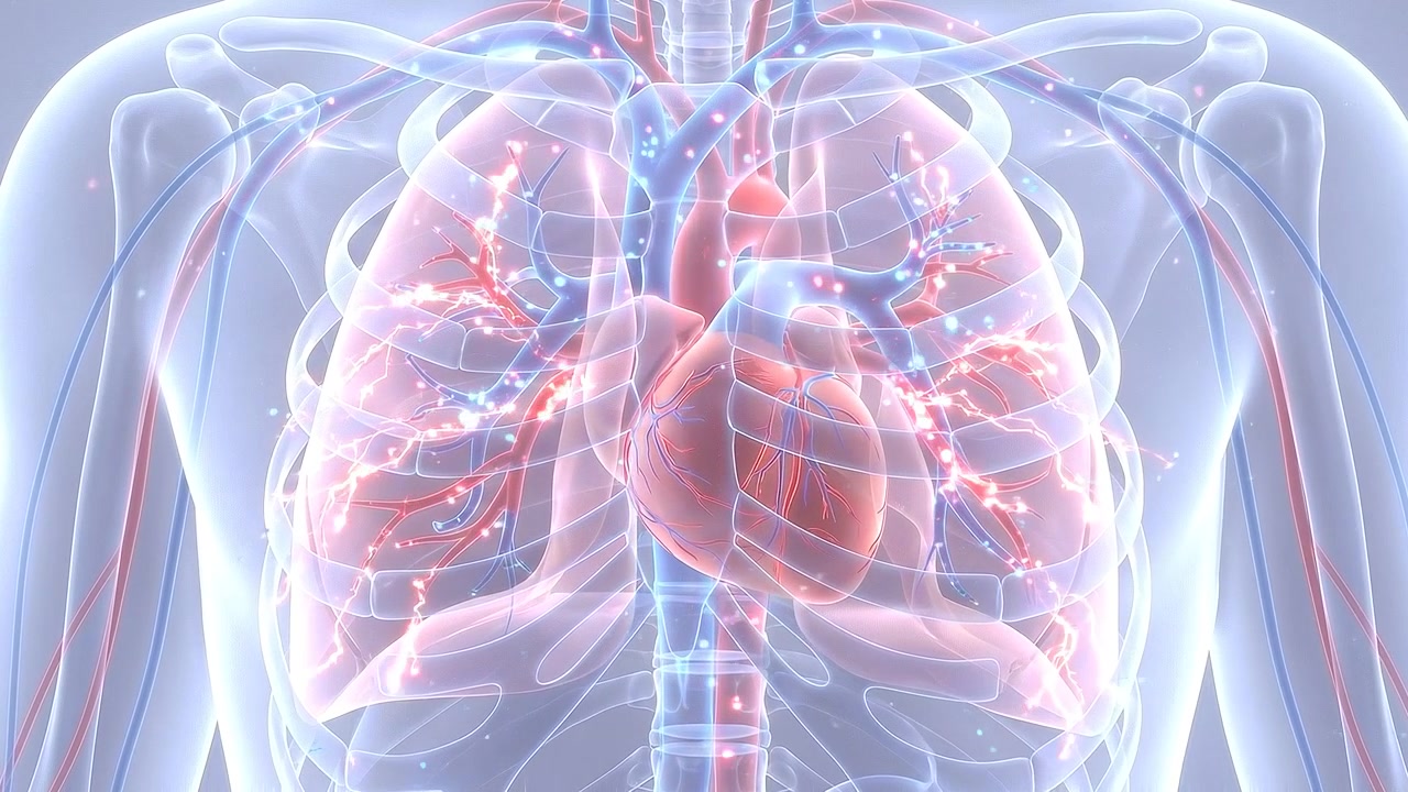 Transparent chest showing lungs heart and red blue vessels in medical view