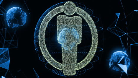 Animation of vitruvian person in circle with rotating globes and connected dots on black background