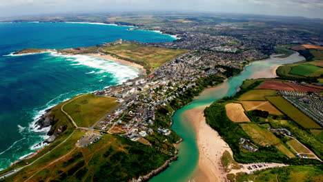 aerial drone shot over the coastal town of newquay in cornwall, united kingdom