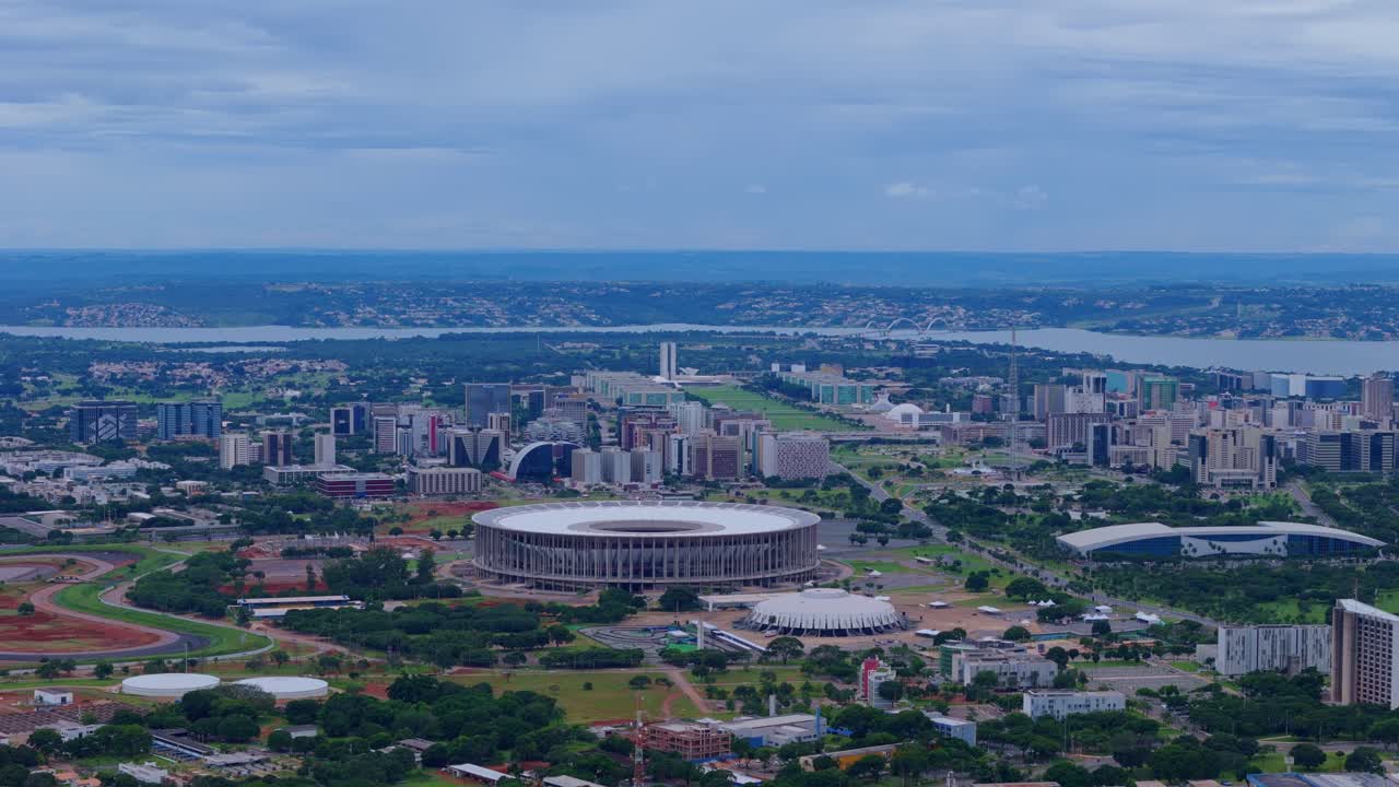 aerial view of the city of brasilia, jk bridge and paranoa lake in the background