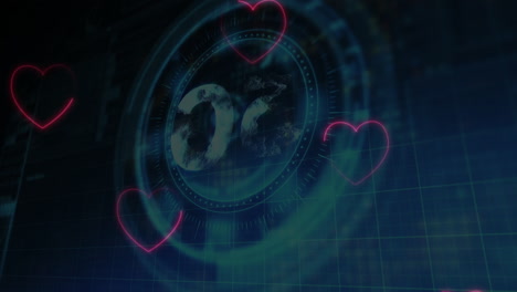 animation of digital globe with glowing pink hearts and circular interface elements