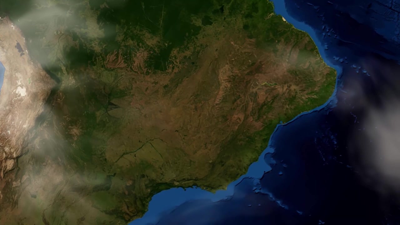 Vista satellitare con zoom dallo spazio profondo direttamente su un segnaposto che indica Formosa, Brasile. Include immagini di pubblico dominio della NASA